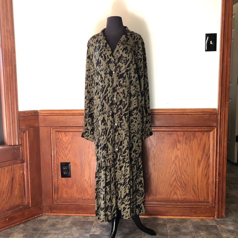 Rails Beatrice Olive Watercolor Leopard Long Sleeve Tiered Midi Shirt Dress